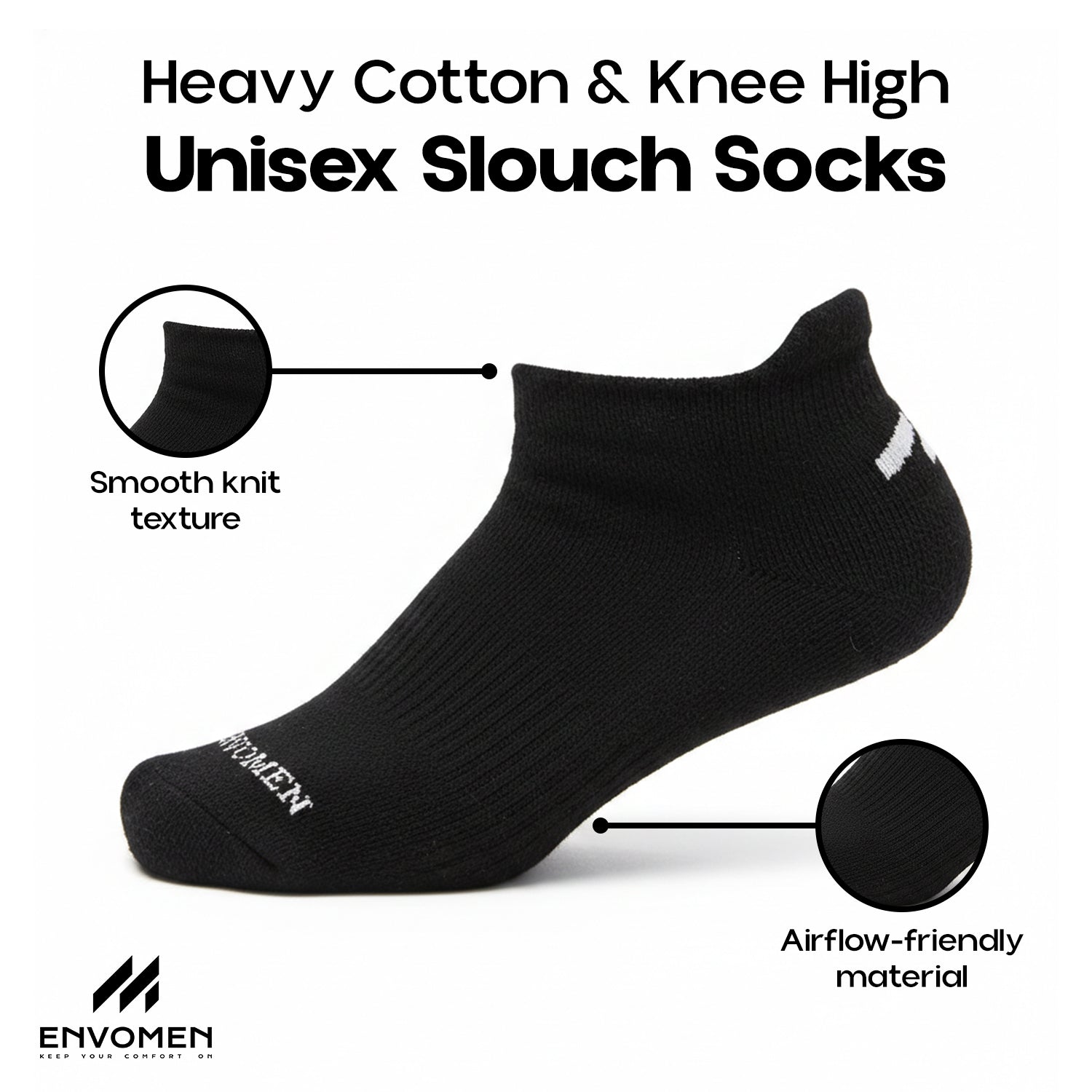 Envomen Sports Ankle Terry Socks – Black | Cushioned | Breathable | No-Slip Fit