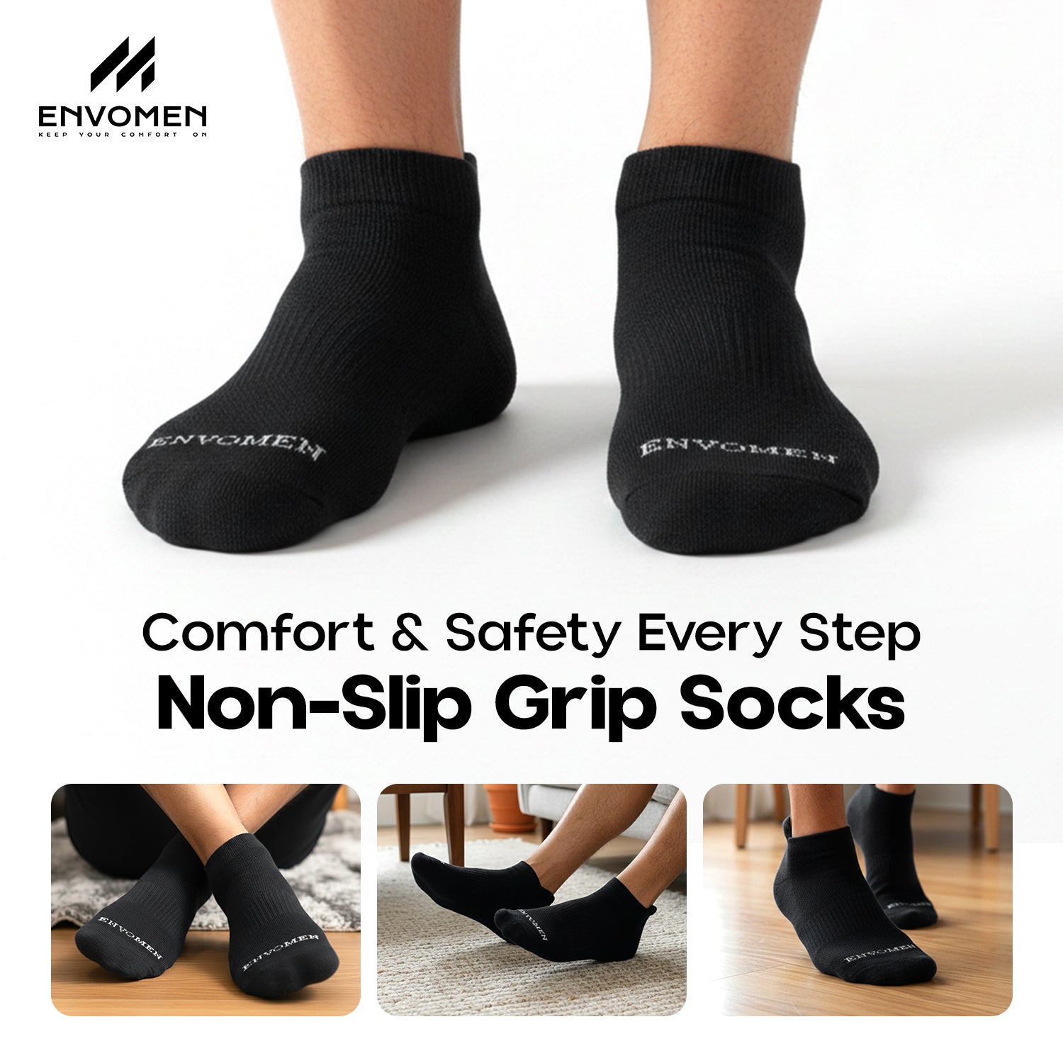 Envomen Sports Ankle Terry Socks – Black | Cushioned | Breathable | No-Slip Fit