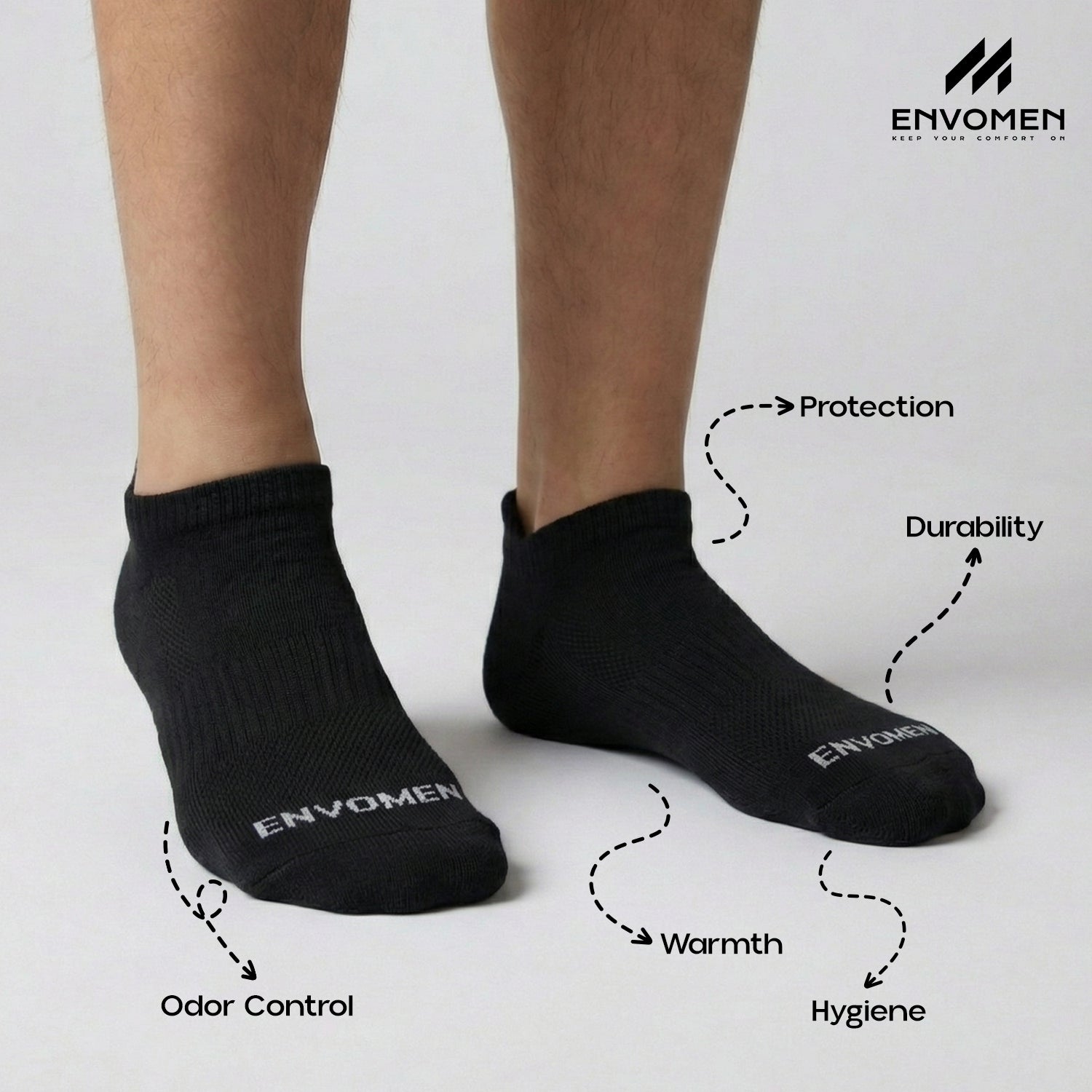 Envomen Sports Ankle Terry Socks – Black | Cushioned | Breathable | No-Slip Fit