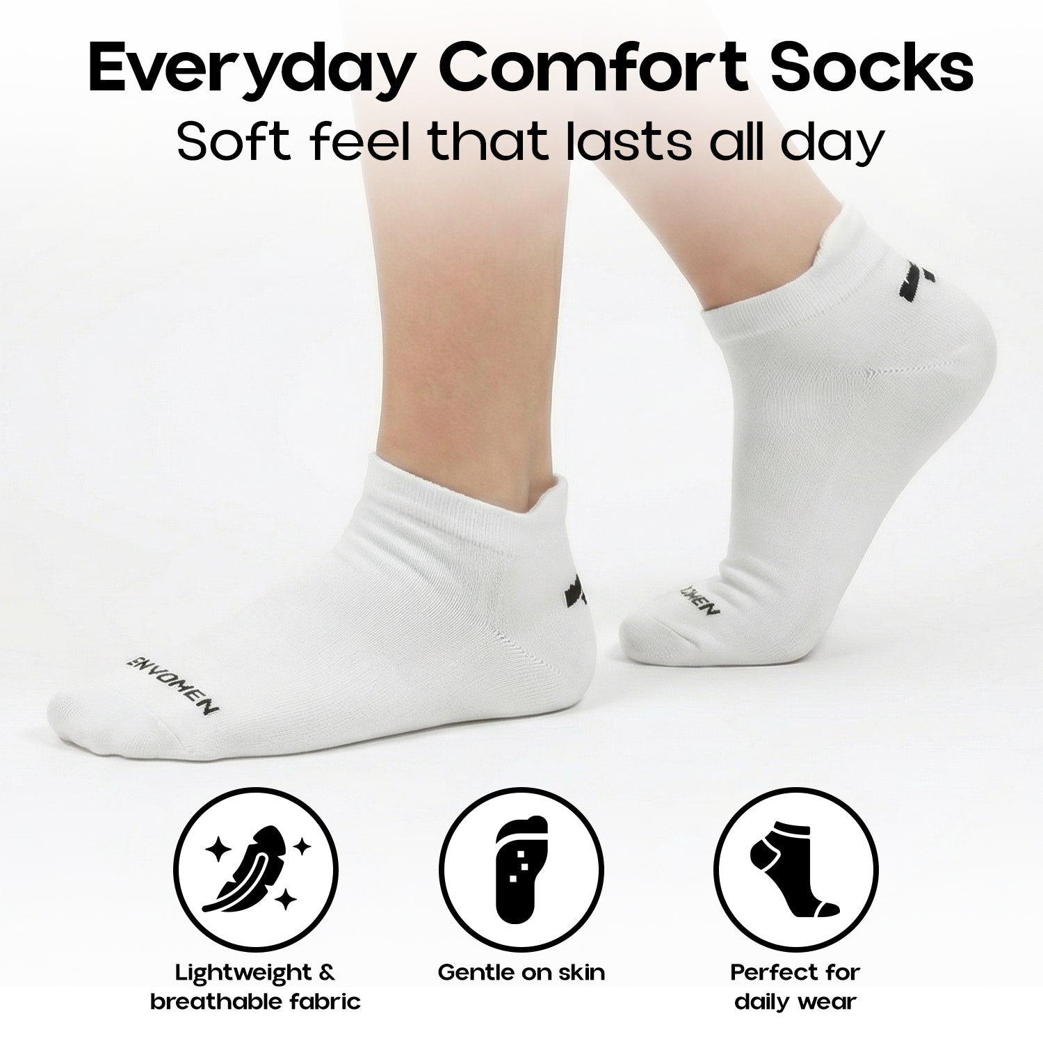 Envomen Casual Ankle Socks – White | Lightweight | Breathable | Everyday Comfort