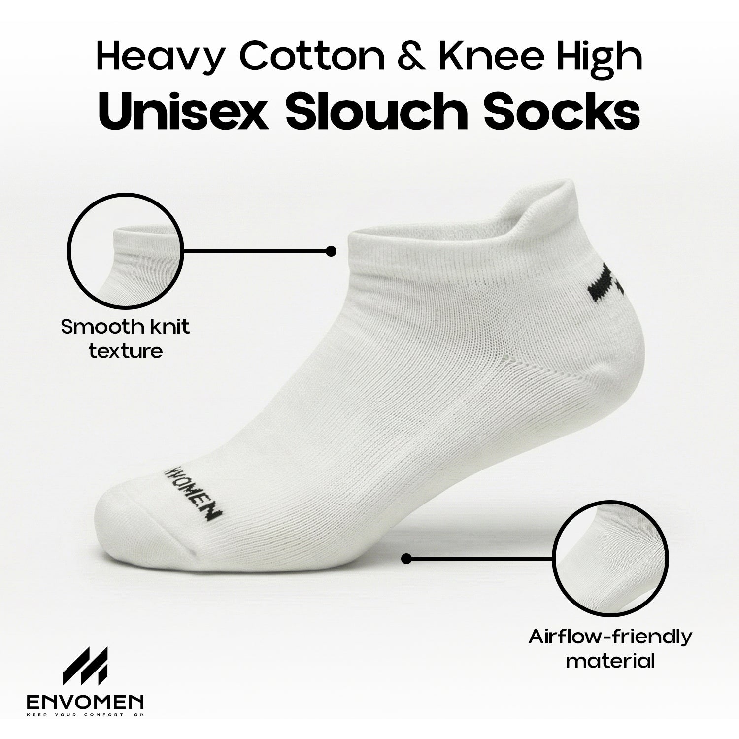 Envomen Casual Ankle Socks – White | Lightweight | Breathable | Everyday Comfort