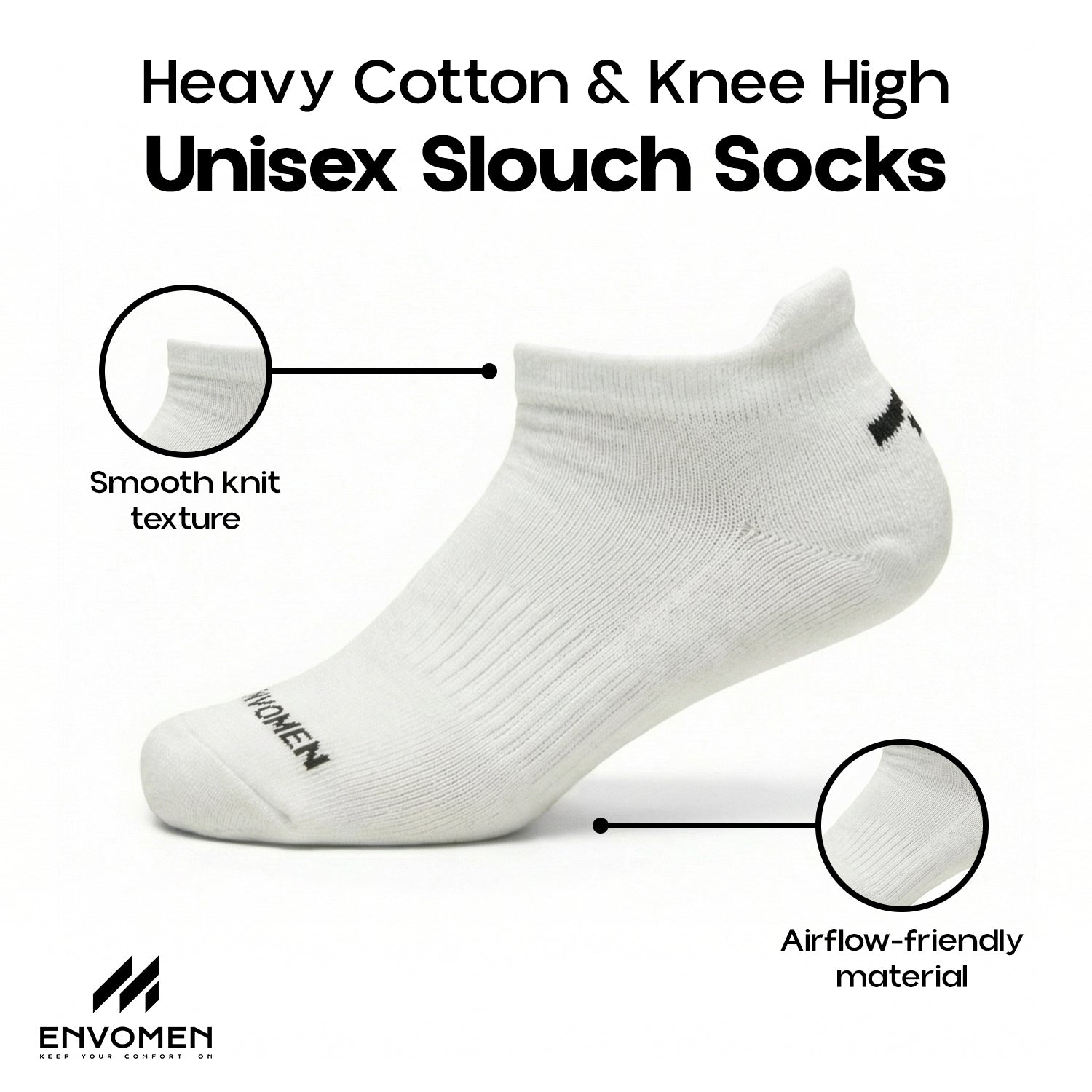 Envomen Sports Ankle Terry Socks – White | Cushioned | Breathable | No-Slip Fit