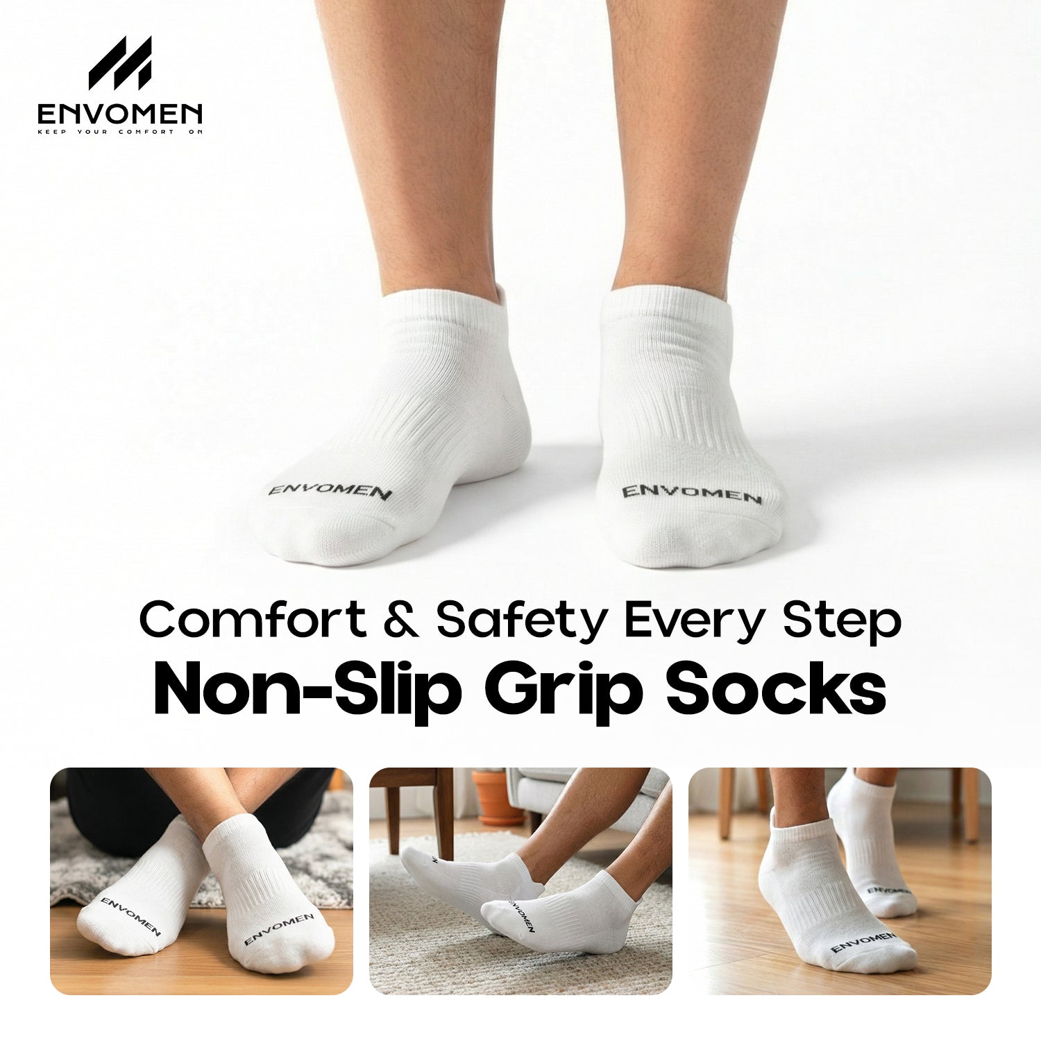 Envomen Sports Ankle Terry Socks – White | Cushioned | Breathable | No-Slip Fit